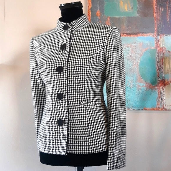 Vintage Petite Sophisticate Button Front Houndstooth Blazer Black/ White Size 8P - Picture 5 of 11